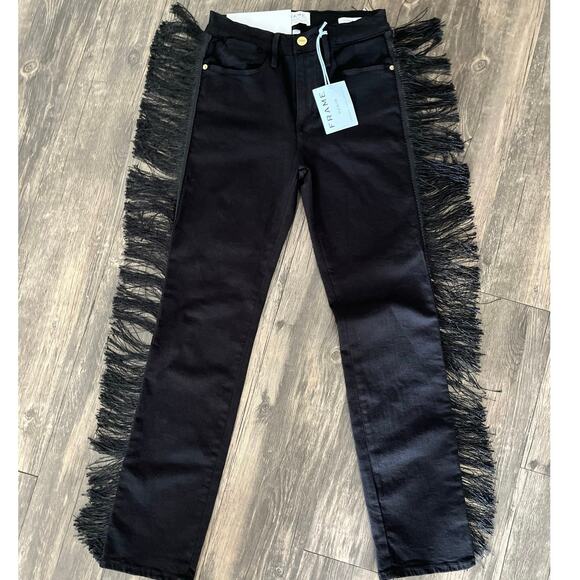 NWT FRAME Le High Straight Black Fringe Jeans Sz 27 Luxury Denim Edgy Western - Picture 2 of 5